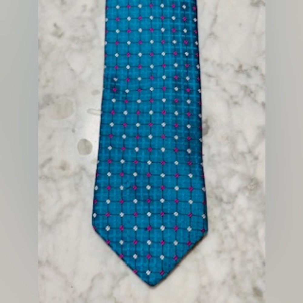 Nicole Miller Turquoise White & Pink Geometric Print Silk Tie